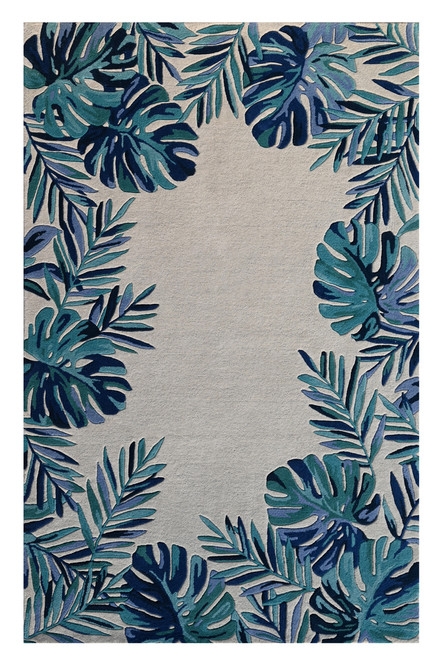 Area Rug Oversized Botanical Leaves Ivory Blue Coastal Botanical Rug