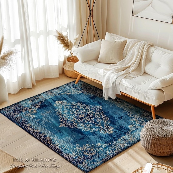 Area Rug Oversized Botanical Motif Dark Cottagecore Indigo