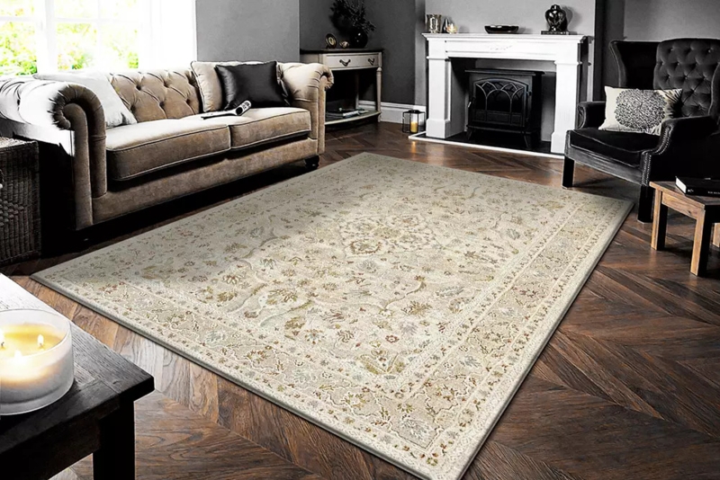 Area Rug Oversized Botanical Pattern Damask Style Beige Cream