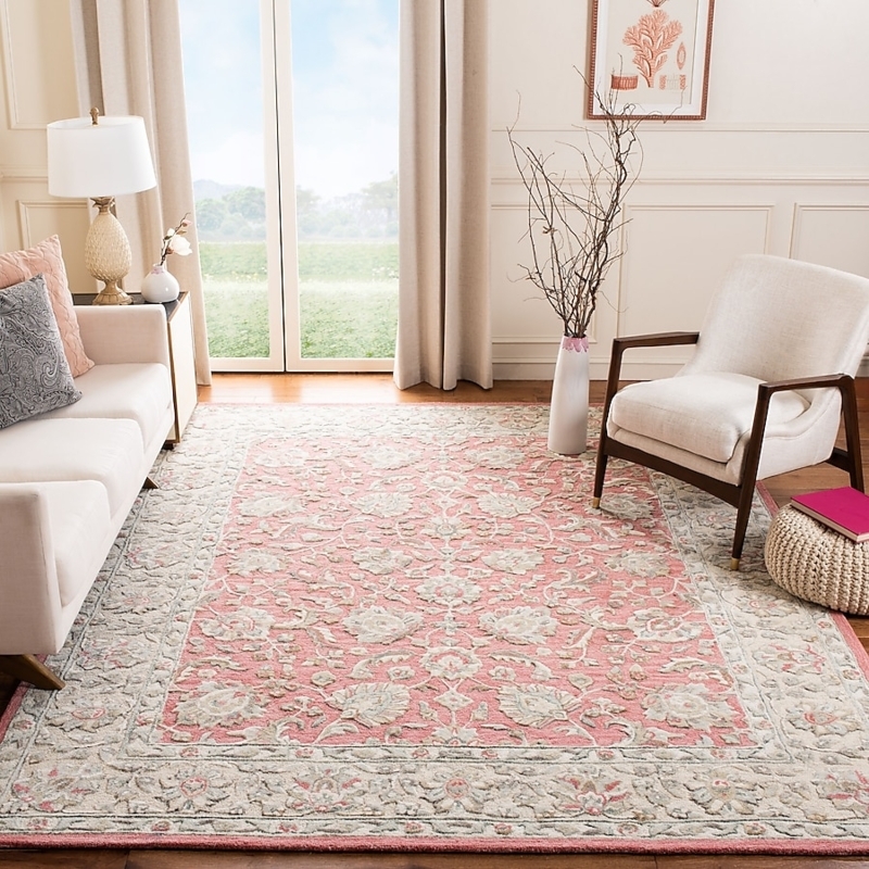 Area Rug Oversized Botanical Print Pink Beige Vintage Floral Styling