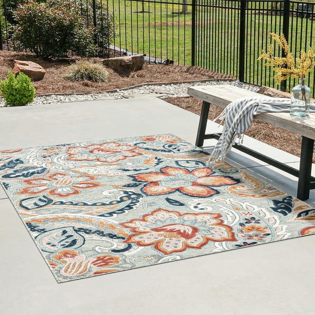 Area Rug Oversized Floral Gray Flatweave Water Resistant Modern
