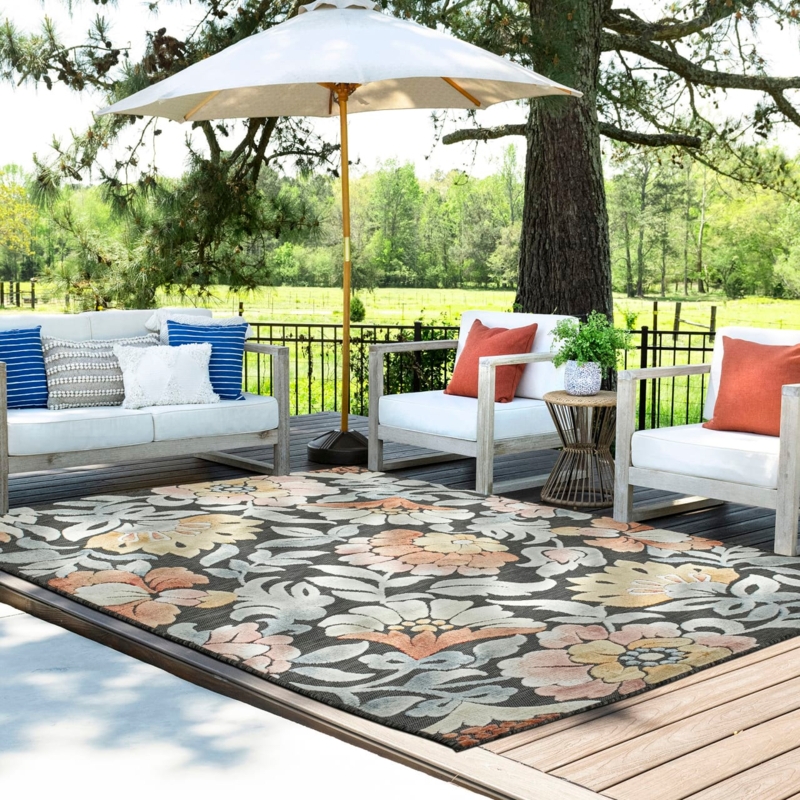 Area Rug: Oversized Floral Pattern, Black Botanical Rug, Bold Styling
