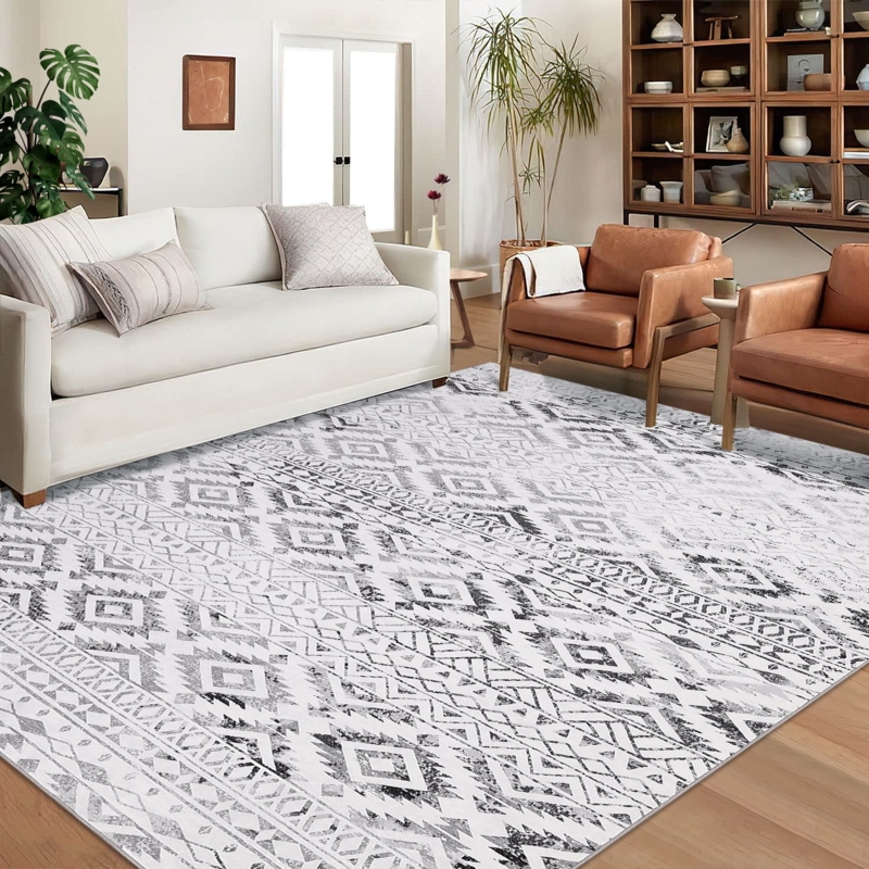 Area Rug Oversized Geometric Print Gray White Modern Living Room