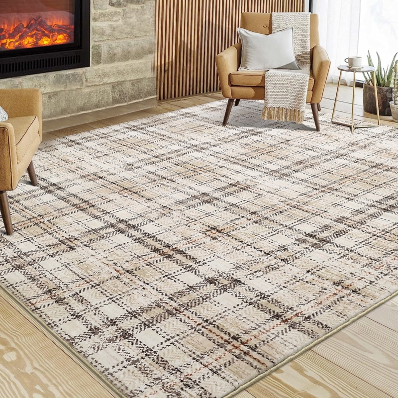 Area Rug Oversized Plaid Rust Navy Geometric Woven Farmhouse Layout