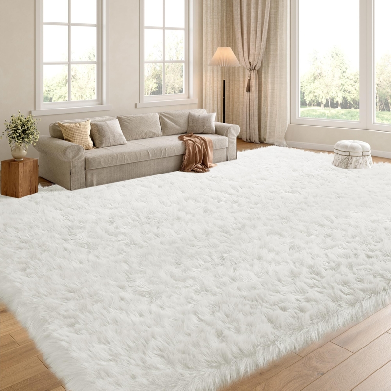 Area Rug Oversized White Faux Fur Plush Shaggy Texture Living Room