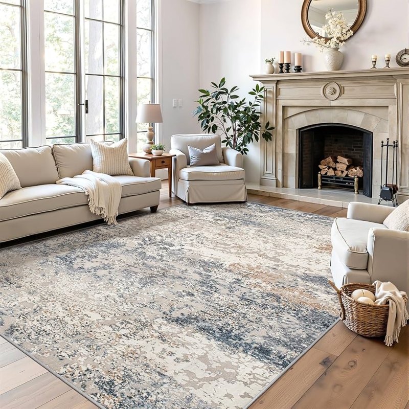 Area Rug Painterly Abstract Design Cool Blue Contemporary