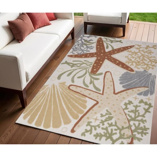 Area Rug Painterly Abstract Motif Ivory Orange Contemporary Living Room