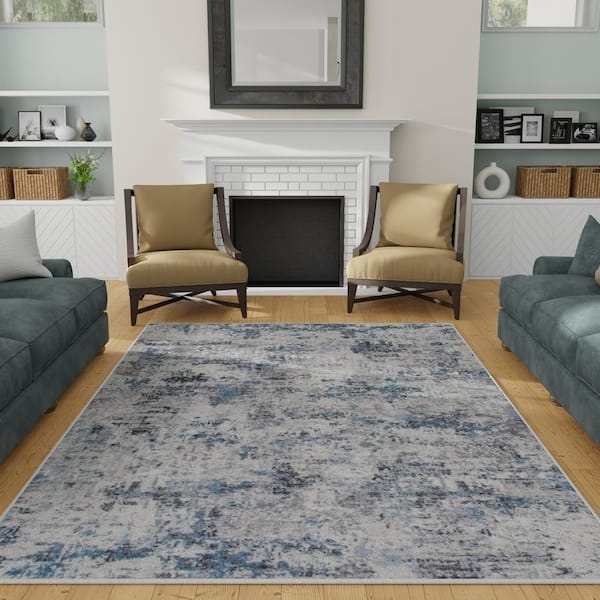 Area Rug Painterly Abstract Navy Blue White Painterly Pattern