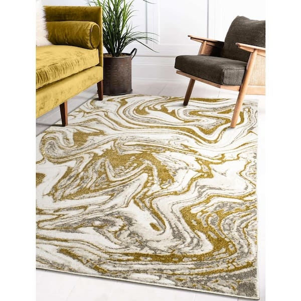 Area Rug Painterly Abstract Pattern Gold White Large Contemporary
