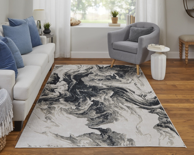 Area Rug Painterly Brushstroke Pattern Ivory & Black, Artistic