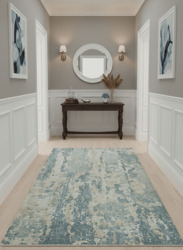 Area Rug Painterly Marble Look Teal Gold Ivory Abstract Design