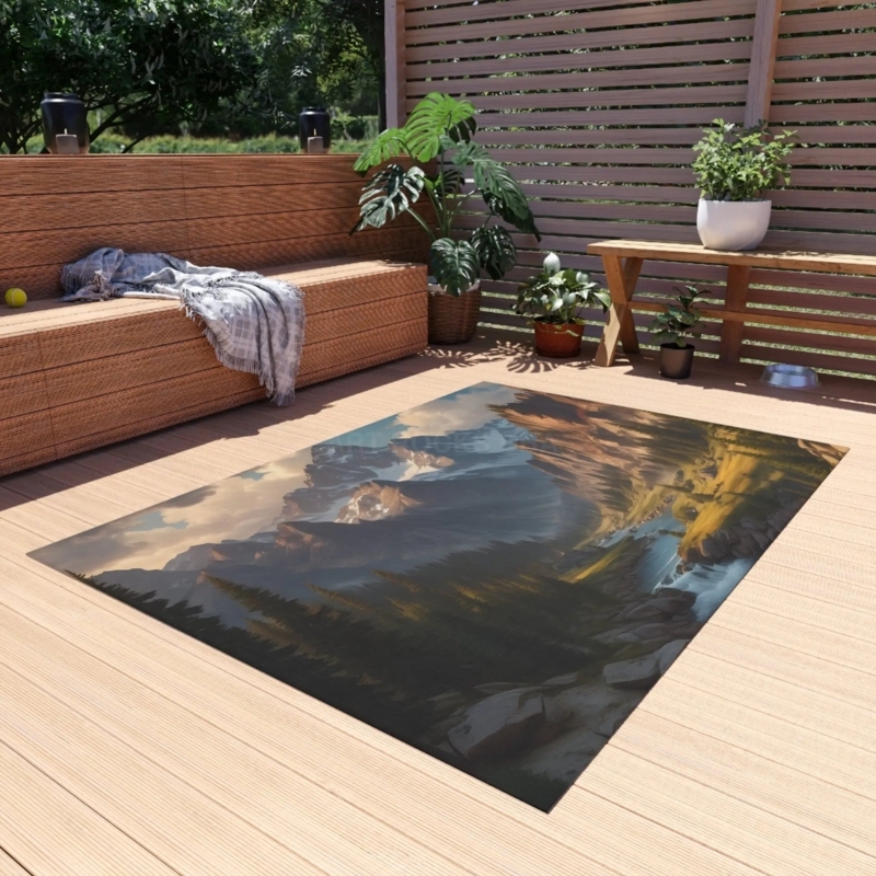 Area Rug, Painterly Mountain Landscape, Rustic Lodge Deck Mat, Flatweave