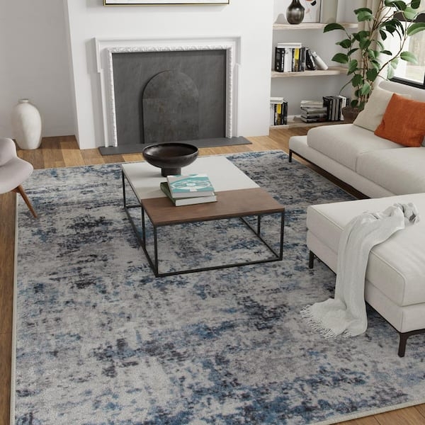 Area Rug Painterly Pattern Blue Cream Distressed Finish