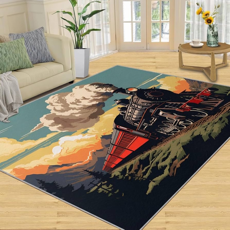 Area Rug Painterly Steam Engine Graphic Oil Painting Style