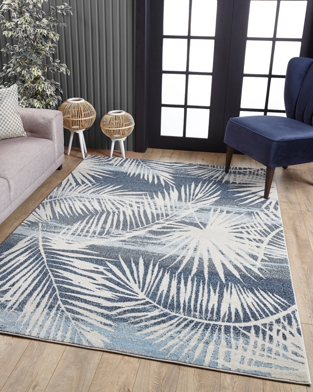 Area Rug Palm Leaf Pattern Navy White Coastal Botanical Print