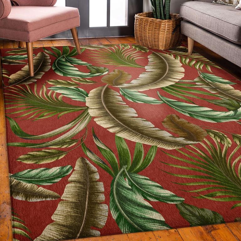 Area Rug Paprika Orange Hue Bold Palm Fronds Washable Coastal Entry Rug