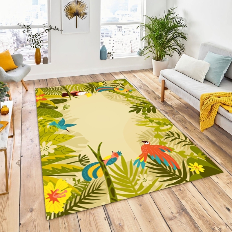 Area Rug Parrot Design Saturated Colors Maximalist Tropical Living Room