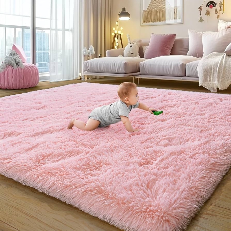 Area Rug: Pastel Pink Shaggy Texture, Cozy Living Room Layout