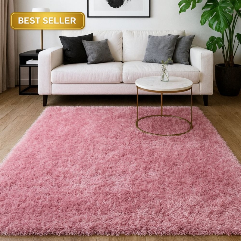 Area Rug: Pastel Pink Solid Shag High Pile, Whimsical Nursery Decor
