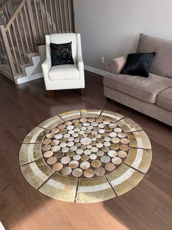 Area Rug Patchwork Construction Natural Cowhide Geometric Carpet