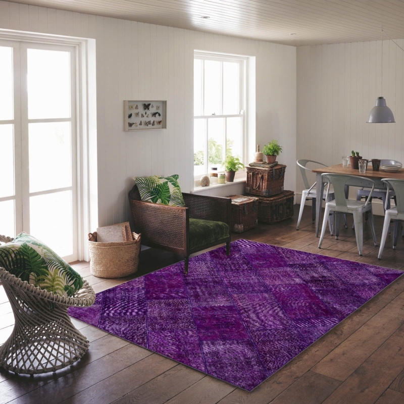 Area Rug Patchwork Construction Over Dyed Hand Stitched