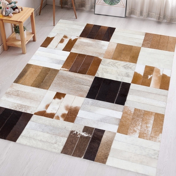 Area Rug Patchwork Cowhide Tricolor Geometric Modern Leather