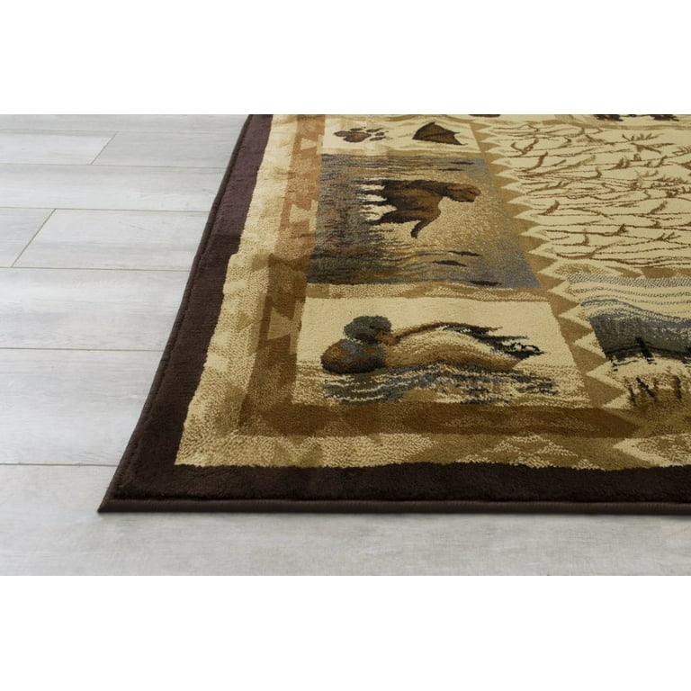 Area Rug Patchwork Grid Hunting Wildlife Motifs Lodge Decor