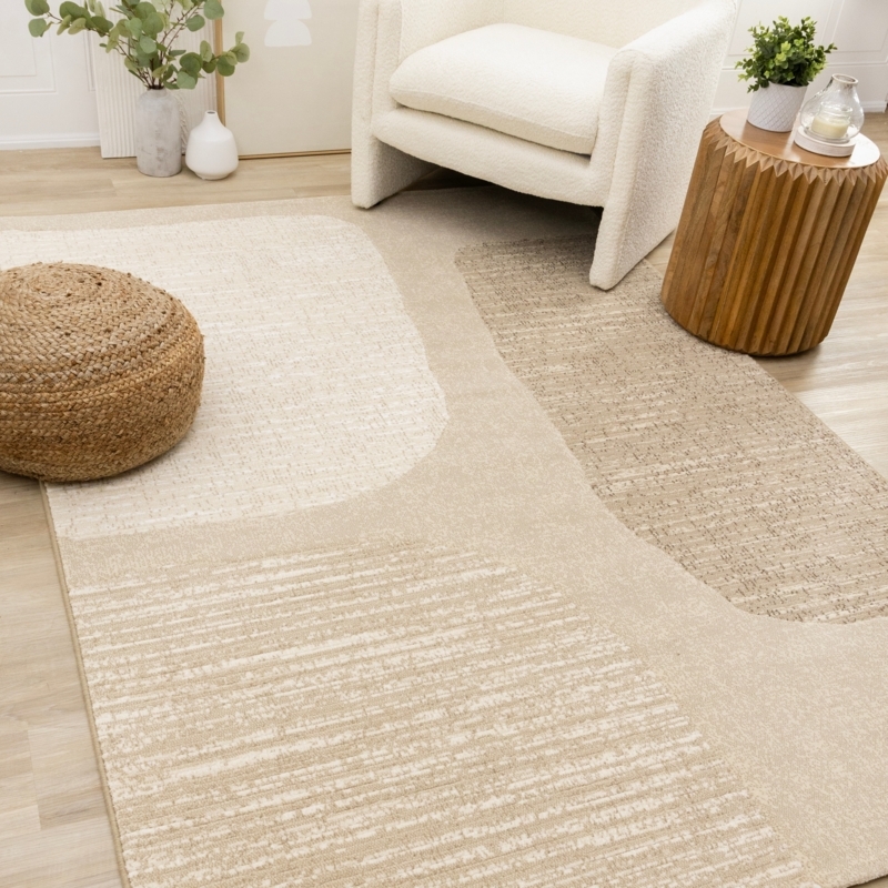 Area Rug Pebble Pattern High Low Pile Organic Shapes Textured Beige