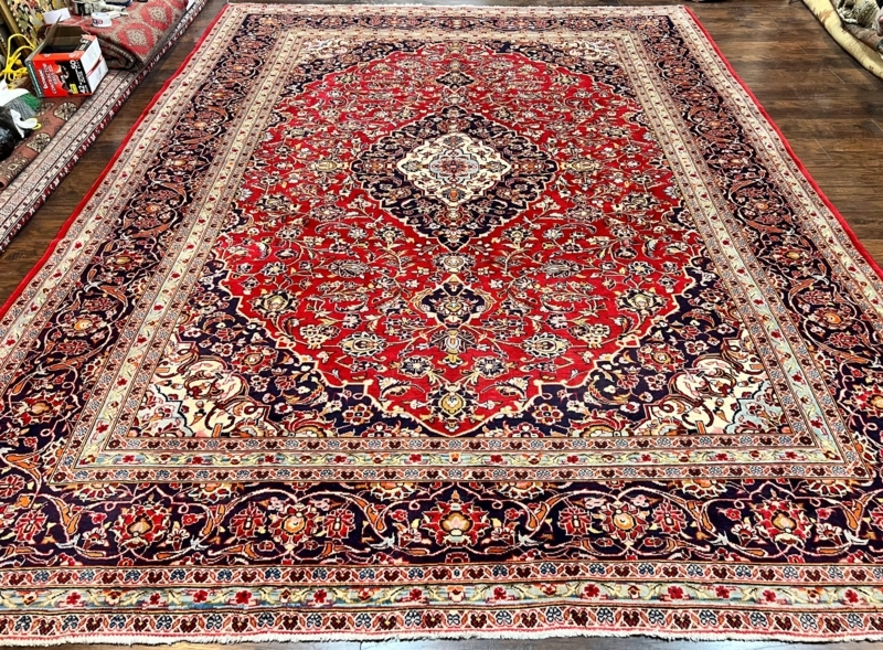Area Rug Persian Kashan Traditional Deep Red Navy Floral Medallion