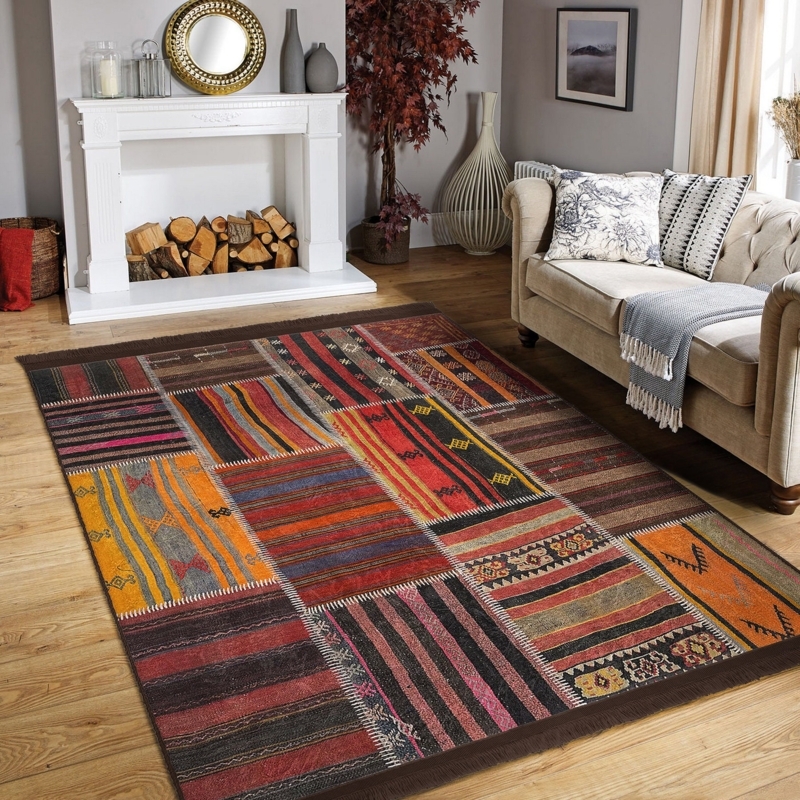 Area Rug Persian Style Fringed Patchwork Navy Grid Traditional