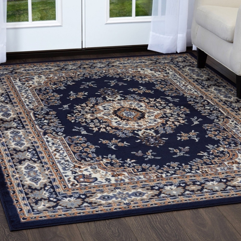 Area Rug Persian Style Multi Layered Border Classic Navy Carpet