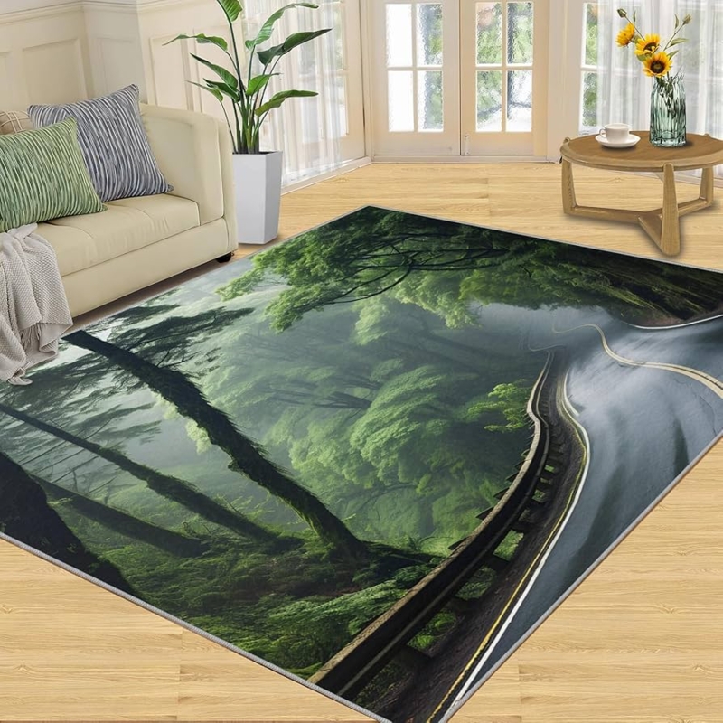 Area Rug Photorealistic Forest Print Biophilic Green Cognac