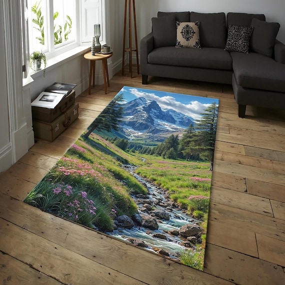 Area Rug Photorealistic Waterfall Landscape Rustic Lodge