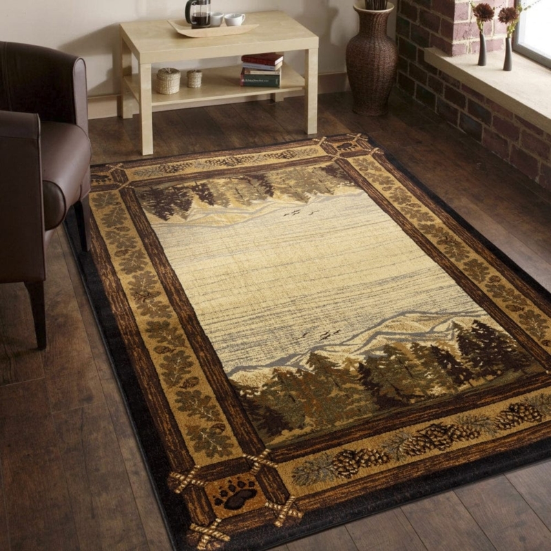Area Rug Pictorial Bear Motif Rustic Lodge Pinecone Border
