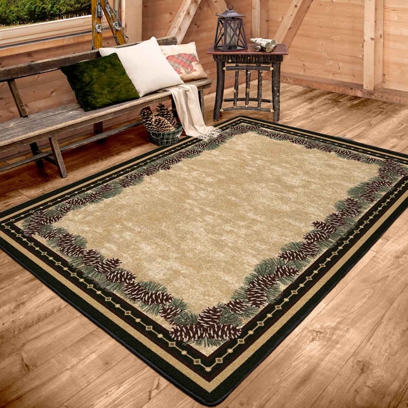 Area Rug Pine Tree Border Cream Center Forest Green