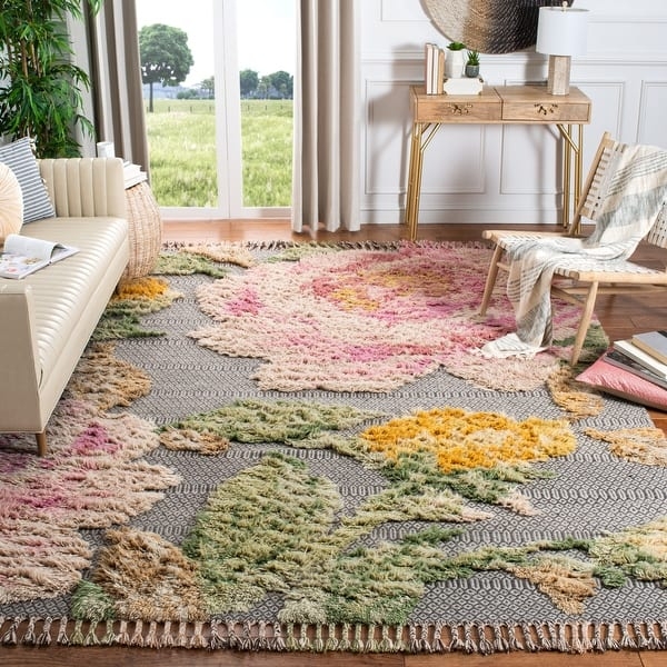 Area Rug Pink And Grey Palette Stylized Floral Motifs Tasseled Fringe