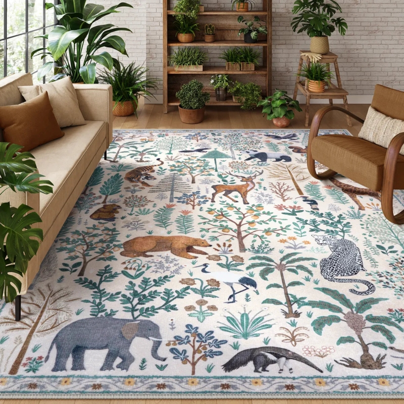 Area Rug, Playful Modern Safari Style, Hand-Drawn Illustration, Muted Base