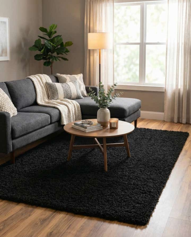 Area Rug Plush Black Shag High Pile Minimalist Modern Living Room