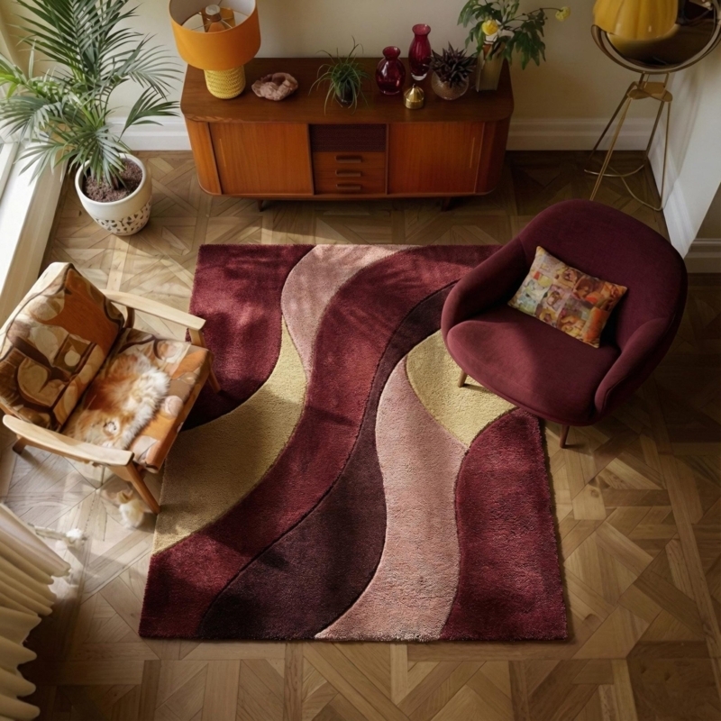 Area Rug Plush High Pile Burgundy Wavy Mid Century Geometric Decor
