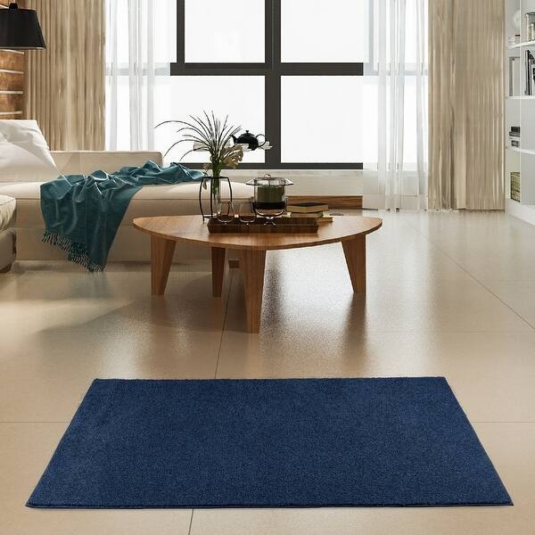 Area Rug Plush Navy High Pile Solid Tone Mid Century