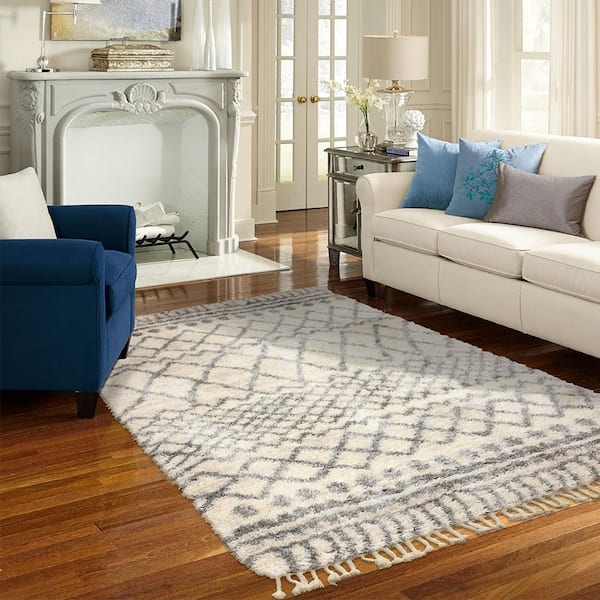 Area Rug Plush Shag Pile Cream Black Diamond Lattice Moroccan