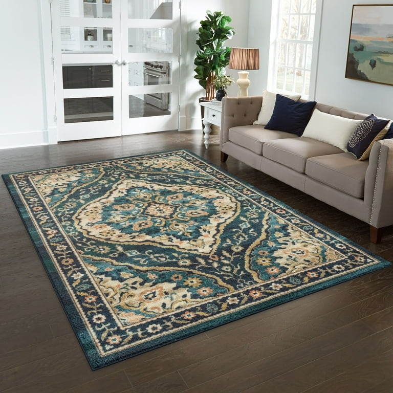 Area Rug Printed Persian Style Traditional Medallion Rust Accents Low Pile
