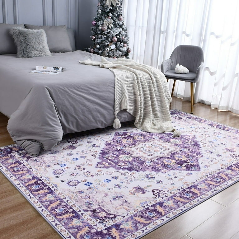 Area Rug Purple Medallion Design Fringe Detail Distressed Look Bohemian