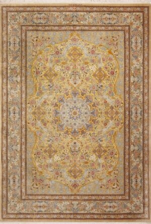 Area Rug Qum Style Pattern Traditional Silk-Like Lustrous Fringe Gold