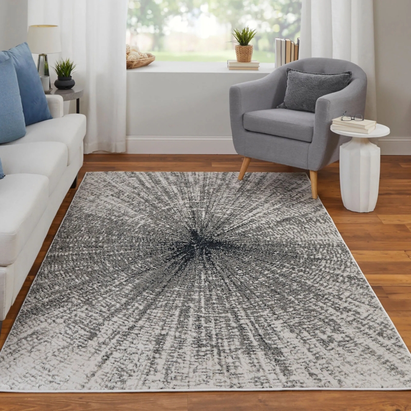 Area Rug Radiating Burst Design Ivory Gray Modern Abstract