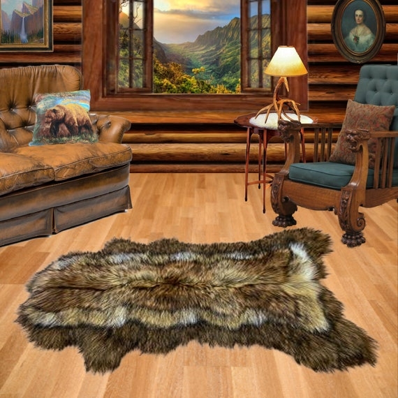 Area Rug Realistic Bear Silhouette Faux Fur High Pile Shaggy Rustic Lodge
