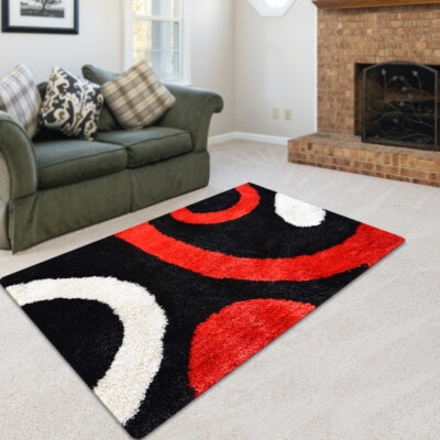Area Rug: Red Black Geometric Shag High Pile Hand Tufted Modern Graphic