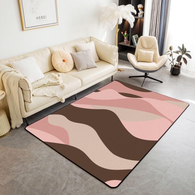 Area Rug Retro Pink Wavy Geometric Pattern Brown Palette