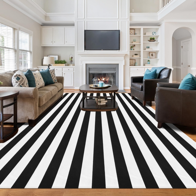 Area Rug Reversible Black and White Woven Farmhouse Decor