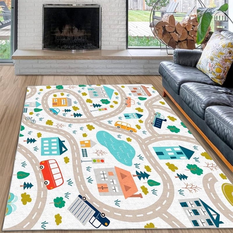 Area Rug Road Map Pattern Animal Motifs Nursery Decor